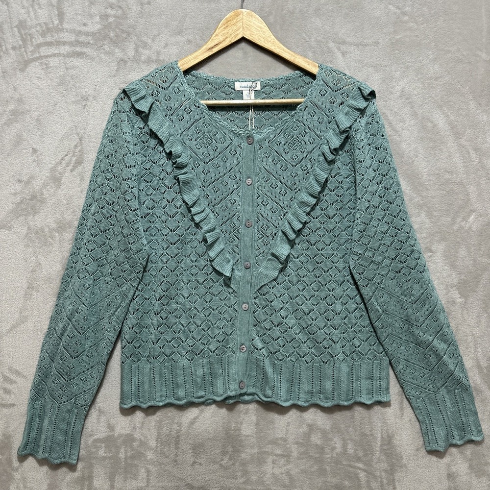 Sundance Catalog Green Emery Pointelle Knit Cardigan Women's L Ruffled Trim NWT